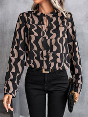 Printed Notched Long Sleeve Blouse - Cute Little Wish