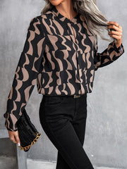 Printed Notched Long Sleeve Blouse - Cute Little Wish