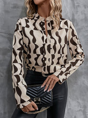 Printed Notched Long Sleeve Blouse - Cute Little Wish