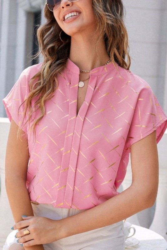 Printed Notched Short Sleeve Blouse - Cute Little Wish