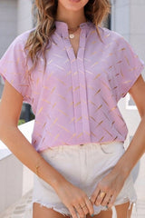 Printed Notched Short Sleeve Blouse - Cute Little Wish