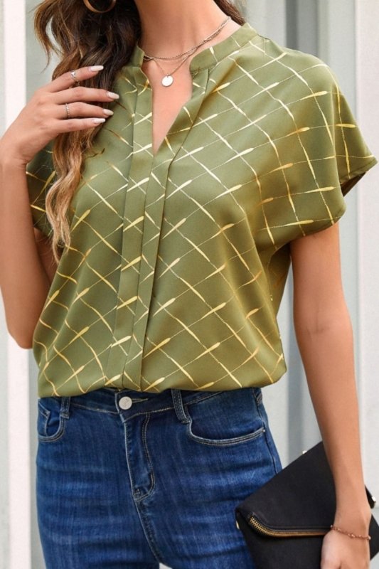 Printed Notched Short Sleeve Blouse - Cute Little Wish