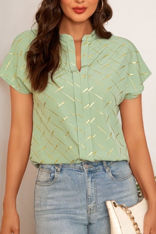 Printed Notched Short Sleeve Blouse - Cute Little Wish