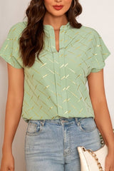 Printed Notched Short Sleeve Blouse - Cute Little Wish