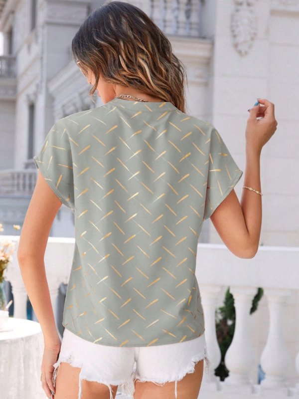 Printed Notched Short Sleeve Blouse - Cute Little Wish