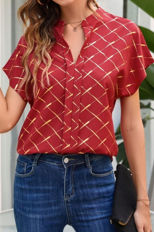 Printed Notched Short Sleeve Blouse - Cute Little Wish