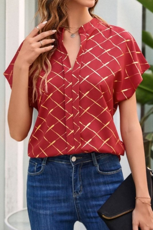 Printed Notched Short Sleeve Blouse - Cute Little Wish