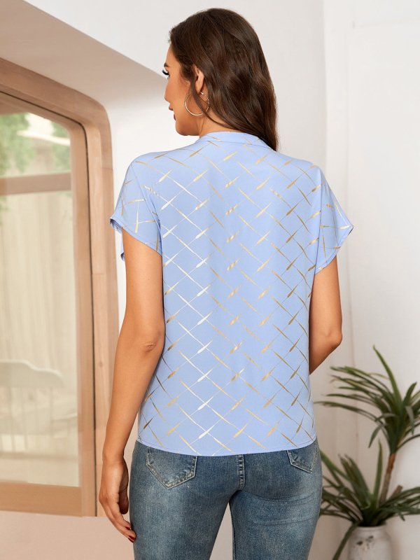 Printed Notched Short Sleeve Blouse - Cute Little Wish