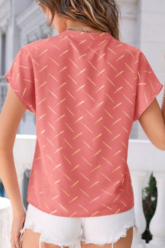 Printed Notched Short Sleeve Blouse - Cute Little Wish