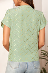 Printed Notched Short Sleeve Blouse - Cute Little Wish