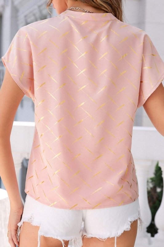 Printed Notched Short Sleeve Blouse - Cute Little Wish