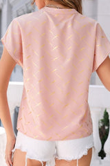 Printed Notched Short Sleeve Blouse - Cute Little Wish