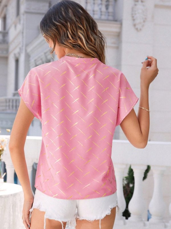 Printed Notched Short Sleeve Blouse - Cute Little Wish