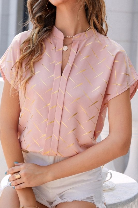 Printed Notched Short Sleeve Blouse - Cute Little Wish