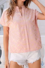 Printed Notched Short Sleeve Blouse - Cute Little Wish