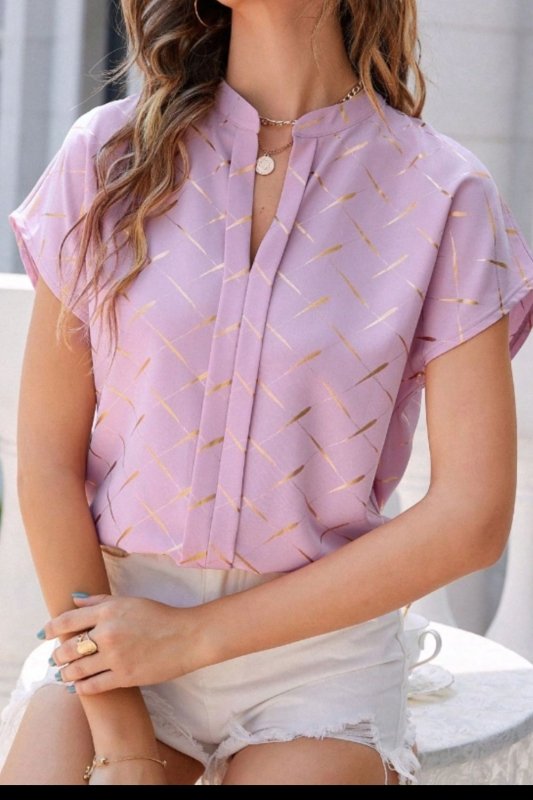 Printed Notched Short Sleeve Blouse - Cute Little Wish