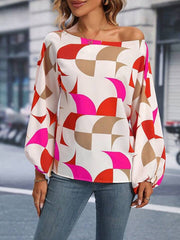 Printed One Shoulder Balloon Sleeve Blouse - Cute Little Wish