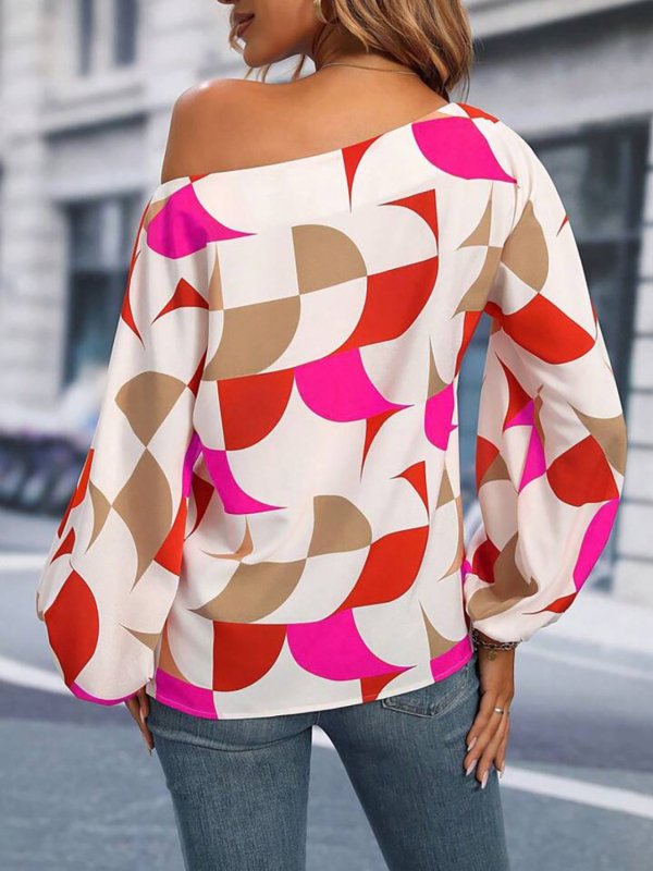 Printed One Shoulder Balloon Sleeve Blouse - Cute Little Wish