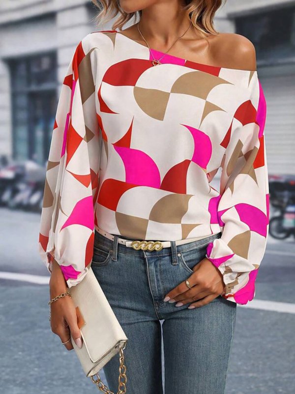 Printed One Shoulder Balloon Sleeve Blouse - Cute Little Wish