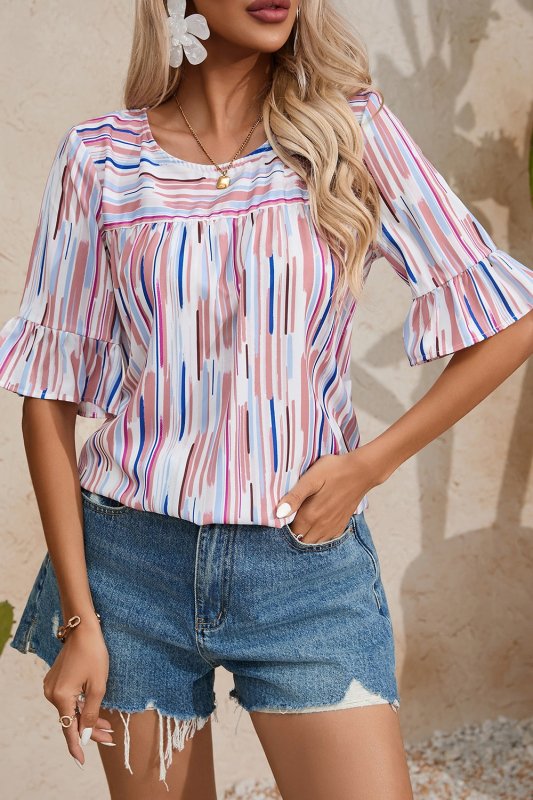Printed Round Neck Flounce Sleeve Blouse - Cute Little Wish