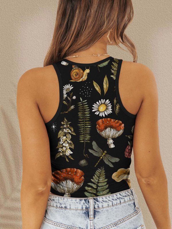 Printed Round Neck Wide Strap Tank - Cute Little Wish