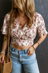 Printed Surplice Half Sleeve Blouse - Cute Little Wish