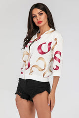 Printed Zip-Up Three-Quarter Sleeve Bomber Jacket - Cute Little Wish