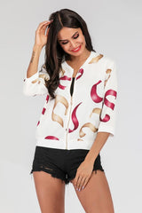 Printed Zip-Up Three-Quarter Sleeve Bomber Jacket - Cute Little Wish