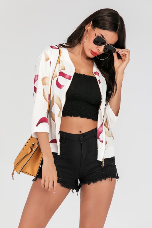 Printed Zip-Up Three-Quarter Sleeve Bomber Jacket - Cute Little Wish