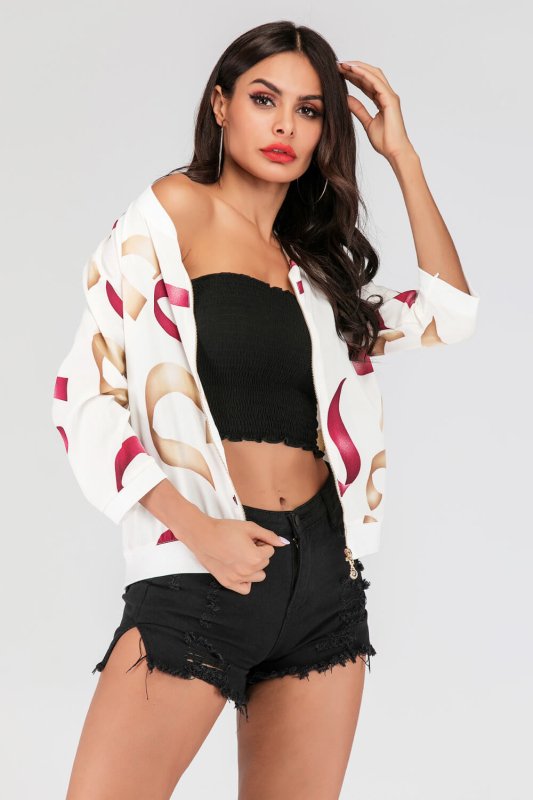 Printed Zip-Up Three-Quarter Sleeve Bomber Jacket - Cute Little Wish