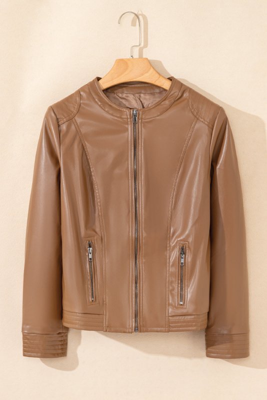 PU Leather Round Neck Long Sleeve Jacket