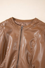 PU Leather Round Neck Long Sleeve Jacket