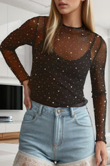 Rhinestone Round Neck Long Sleeve Blouse - Cute Little Wish