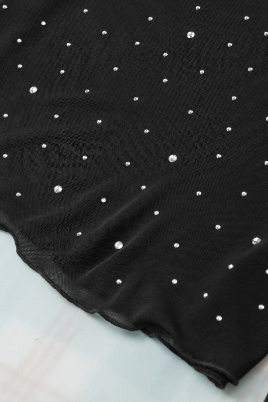 Rhinestone Round Neck Long Sleeve Blouse - Cute Little Wish