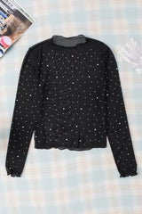 Rhinestone Round Neck Long Sleeve Blouse - Cute Little Wish