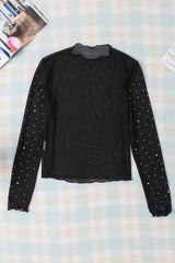 Rhinestone Round Neck Long Sleeve Blouse - Cute Little Wish