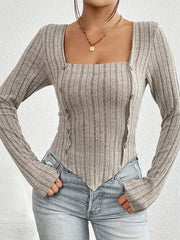 Ribbed Decorative Button Long Sleeve T-Shirt - Cute Little Wish