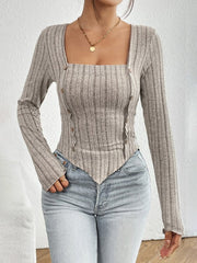 Ribbed Decorative Button Long Sleeve T-Shirt - Cute Little Wish