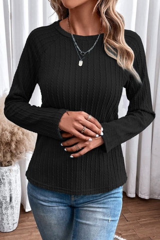 Ribbed Round Neck Knit Long Sleeve Top - Cute Little Wish