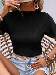 Ribbed Round Neck Short Sleeve T-Shirt - Cute Little Wish