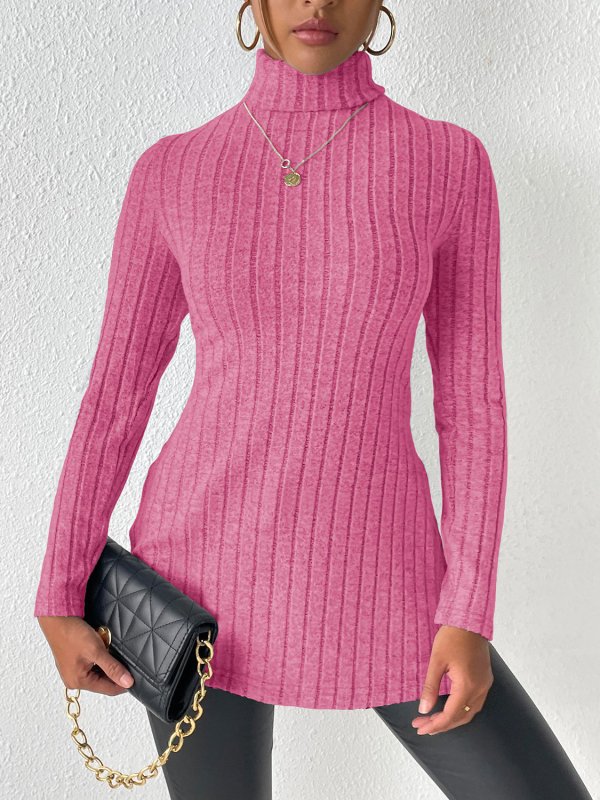 Ribbed Turtleneck Long Sleeve Slit T-Shirt - Cute Little Wish