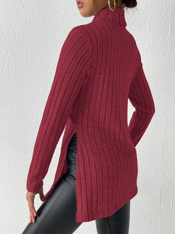 Ribbed Turtleneck Long Sleeve Slit T-Shirt - Cute Little Wish