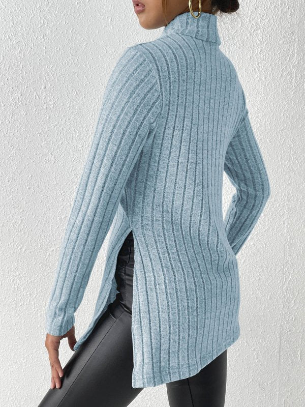 Ribbed Turtleneck Long Sleeve Slit T-Shirt - Cute Little Wish