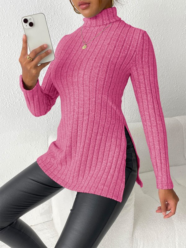 Ribbed Turtleneck Long Sleeve Slit T-Shirt - Cute Little Wish