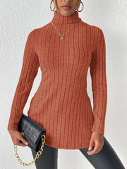 Ribbed Turtleneck Long Sleeve Slit T-Shirt - Cute Little Wish