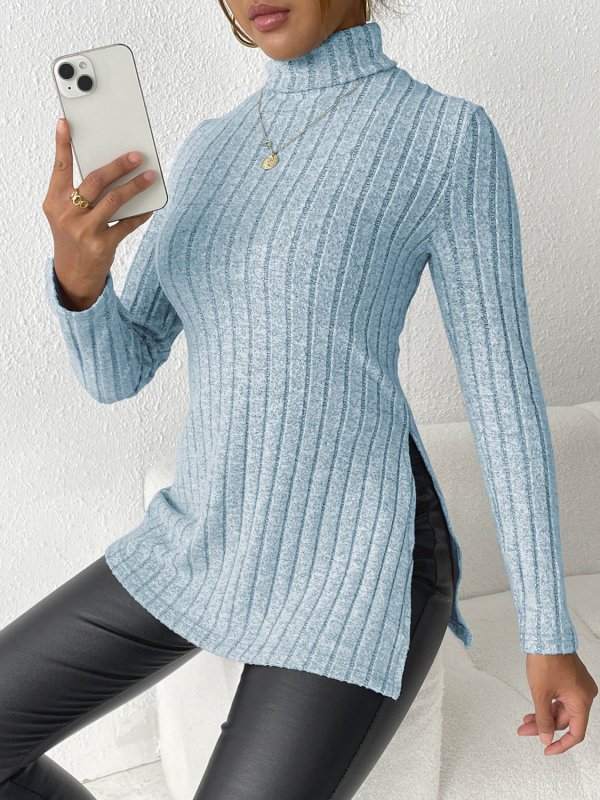 Ribbed Turtleneck Long Sleeve Slit T-Shirt - Cute Little Wish