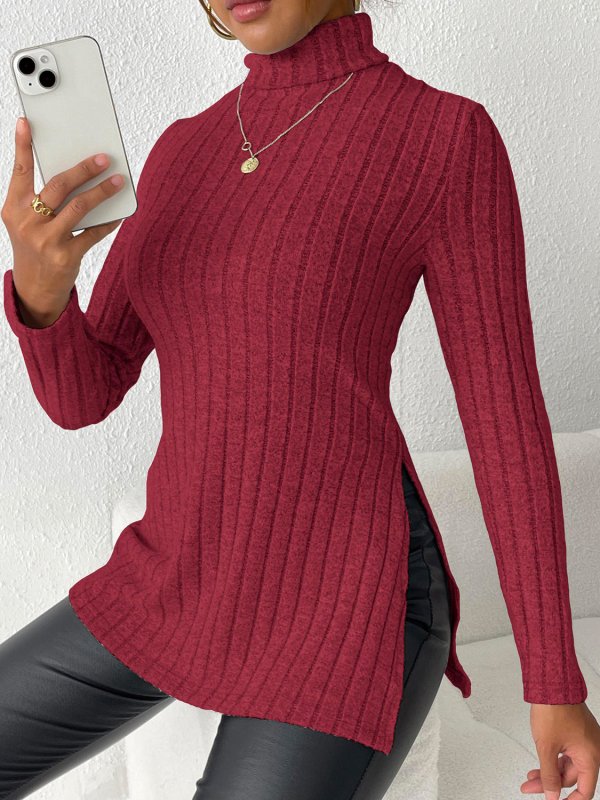 Ribbed Turtleneck Long Sleeve Slit T-Shirt - Cute Little Wish