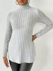 Ribbed Turtleneck Long Sleeve Slit T-Shirt - Cute Little Wish