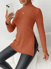 Ribbed Turtleneck Long Sleeve Slit T-Shirt - Cute Little Wish