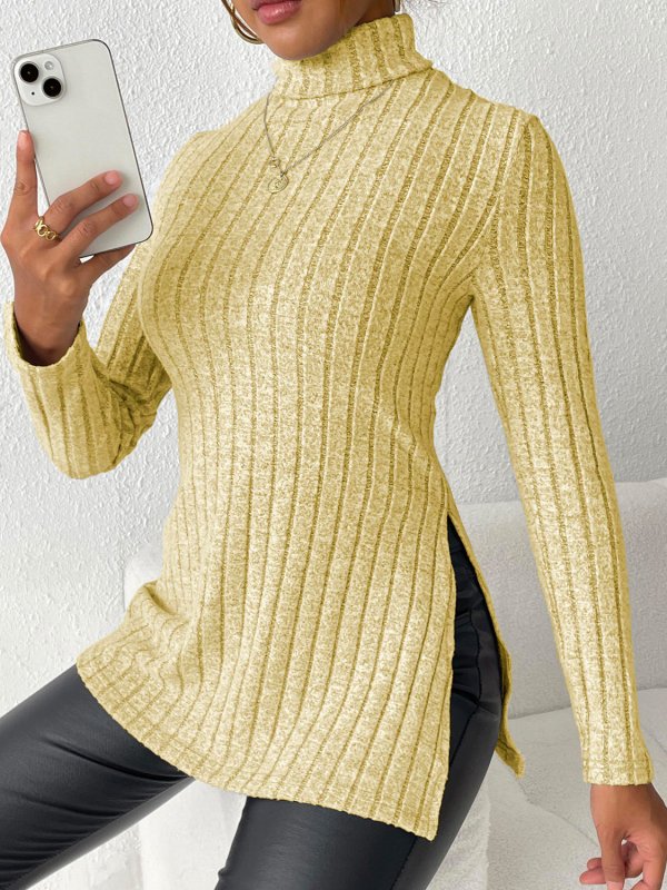 Ribbed Turtleneck Long Sleeve Slit T-Shirt - Cute Little Wish